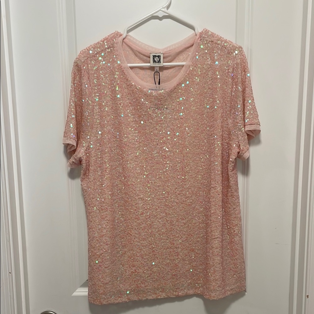 Anne Klein Sequin Pink Short Sleeve Tee